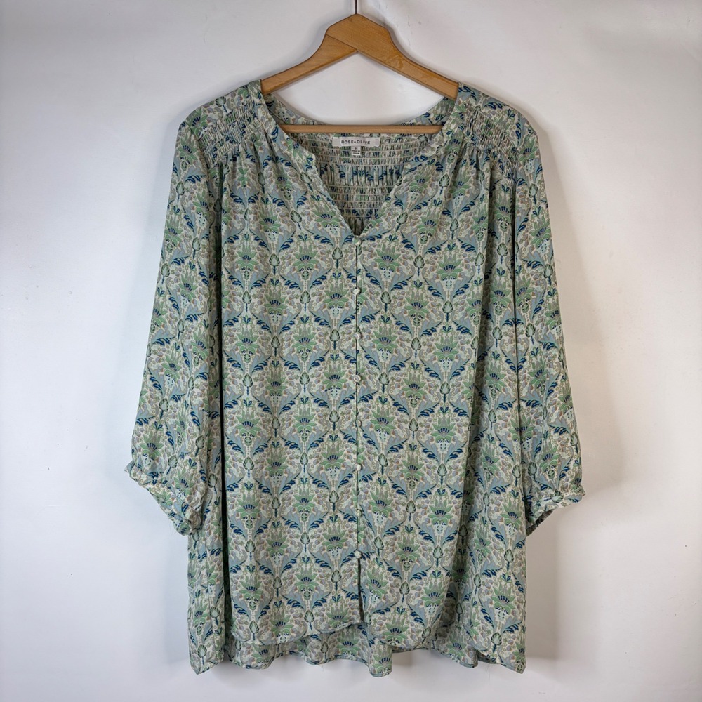 Rose + Olive Blouse Womens 2X Green Blue Damask Floral Smocked Button Front